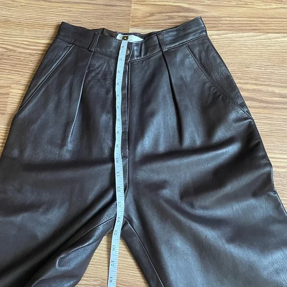 Melanzona High-Waisted Pleated Genuine Leather Trousers in Dark Brown Sz 4